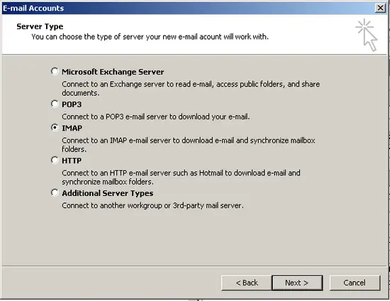 scr04 - Selecionando o tipo de conta IMAP no MS Outlook