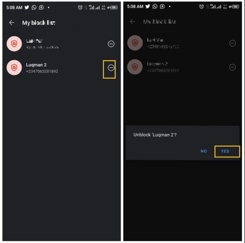 desbloquear um número no android