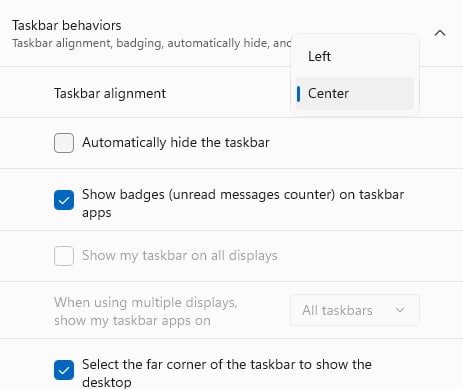 Выравнивание значков панели задач Windows 11