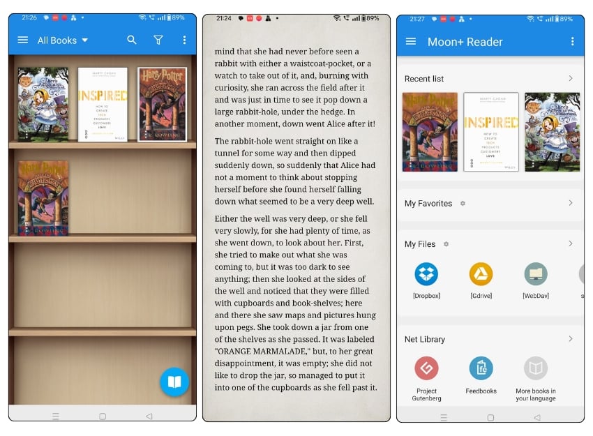 screenshot dell'app moon+ reader che mostra una libreria, una pagina di testo da 