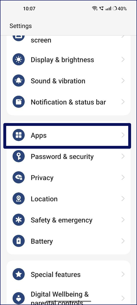 Apps-Optionen in den Einstellungen