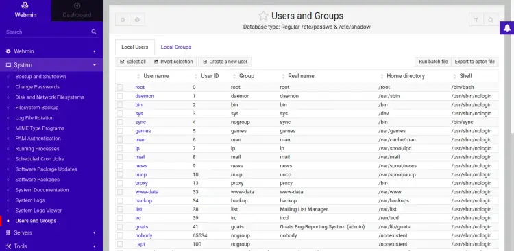 gerenciar usuários Linux com Webmin