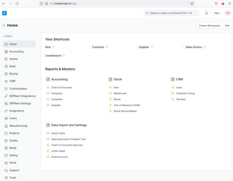 ERPNExt dashboard