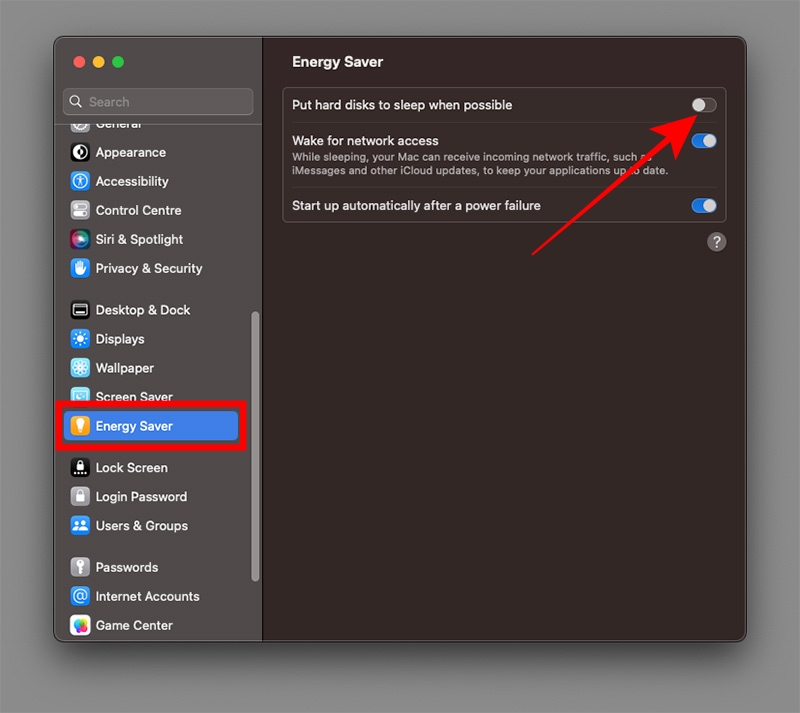 Macのシステム設定の省エネルギーオプション