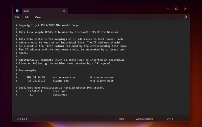 archivo hosts de windows 11 abierto en modo de edición en el bloc de notas