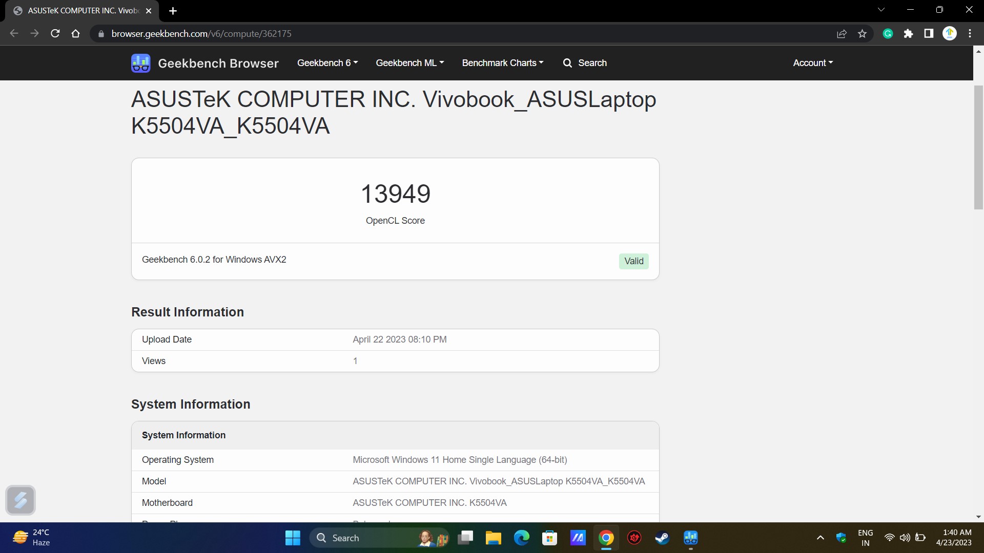 reseña asus vivobook s15 oled: benchmark de gpu geekbench 6