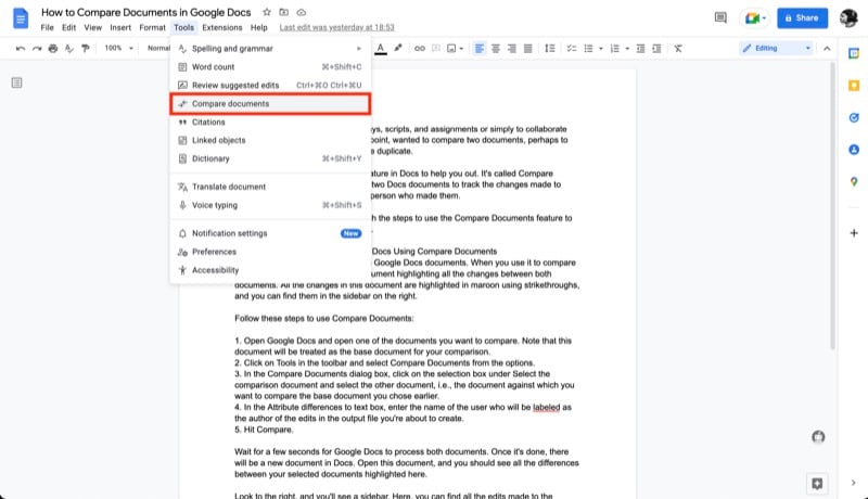 activation de la fonctionnalité comparer des documents dans google docs