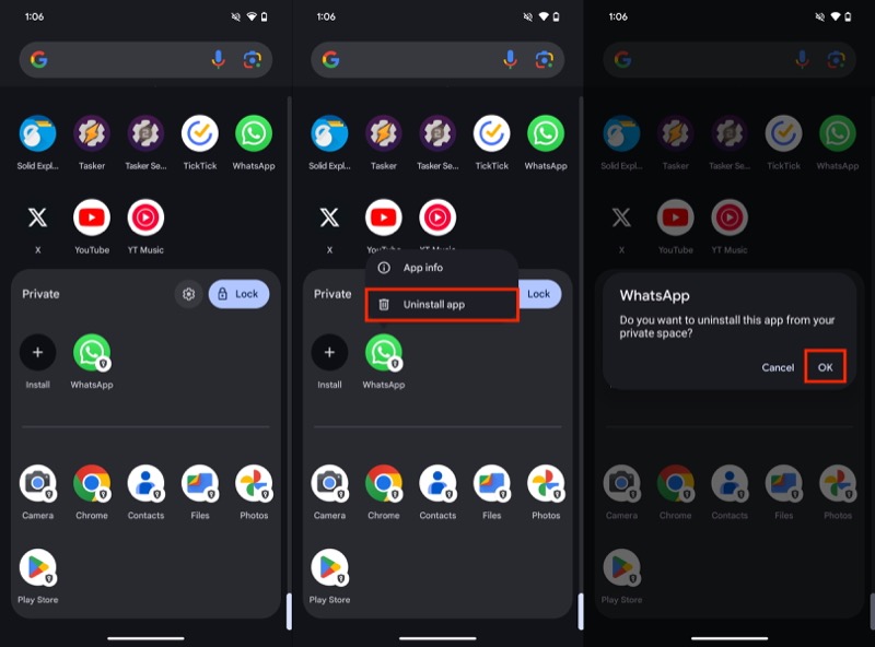 supprimer une application de l'espace privé.