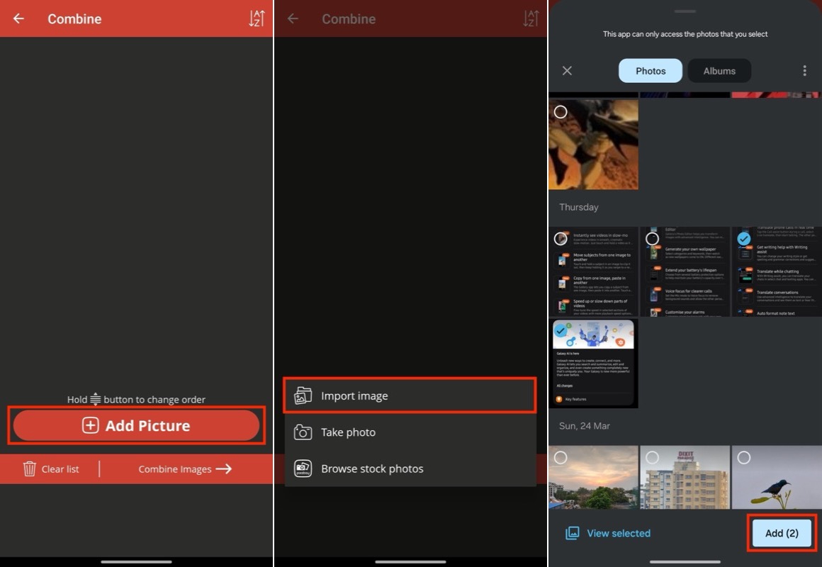 выбор фотографий для их объединения в приложении image combiner & editor.