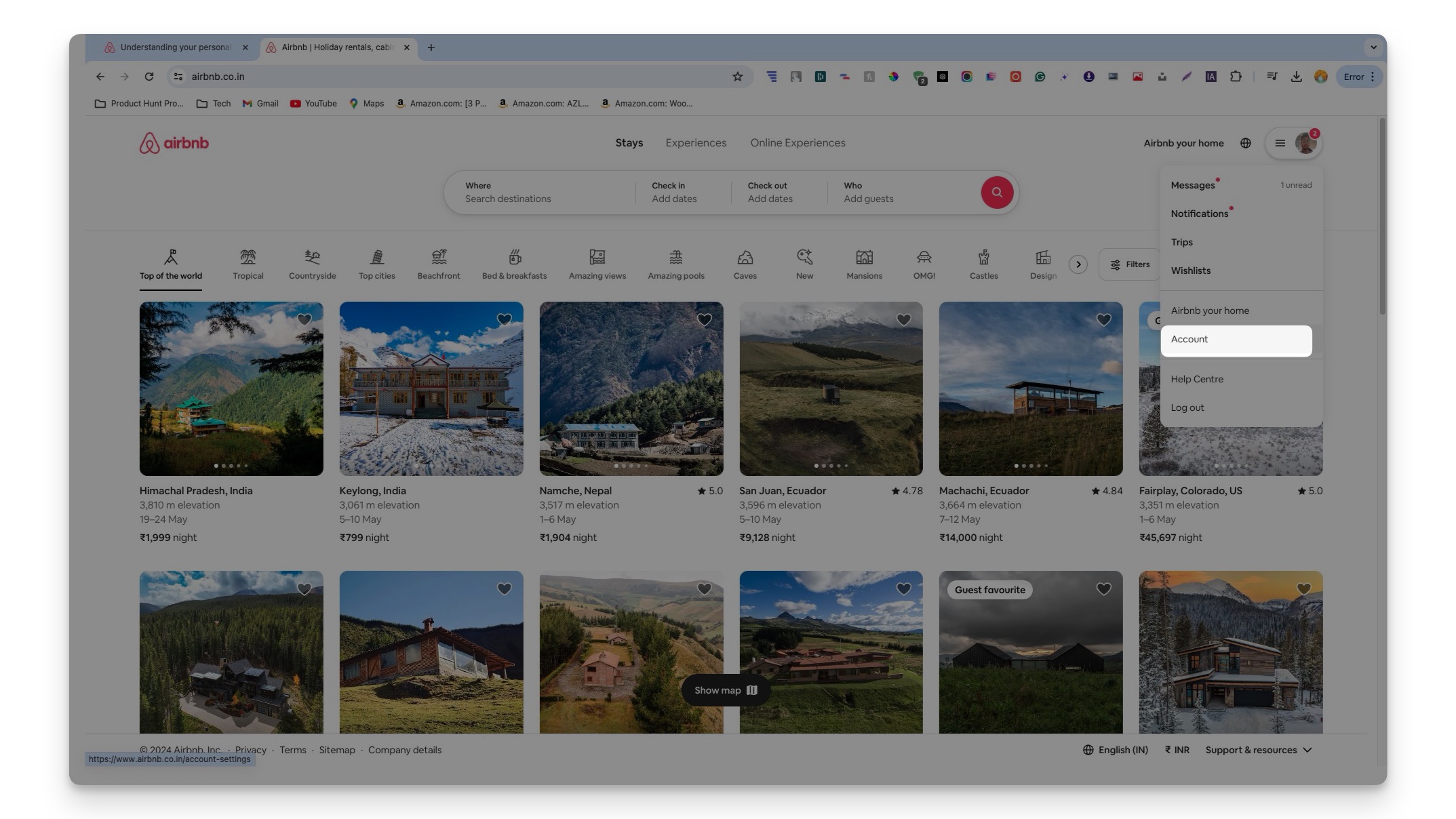 page d'accueil airbnb compte