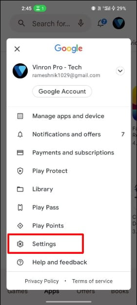 imagem mostrando configurações principais do google play store