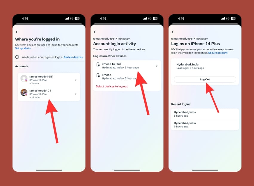sair de outros dispositivos do aplicativo do instagram