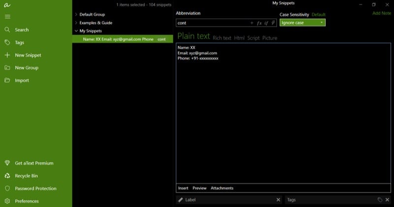 Einrichten eines neuen aText-Snippets