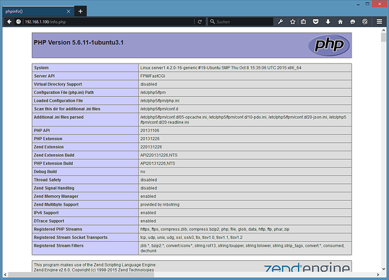 Ubuntu 15.10에서의 PHP Info() 출력.