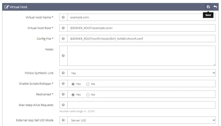 OpenLiteSpeed Virtueller Host Einstellungen