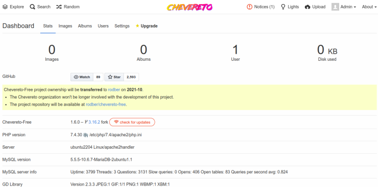 Chevereto 대시보드