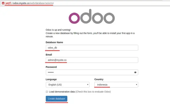 Odooにデータベースの詳細を入力します。