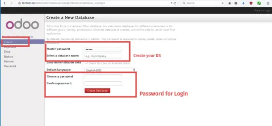 Geben Sie die Datenbankdetails in Odoo ein.