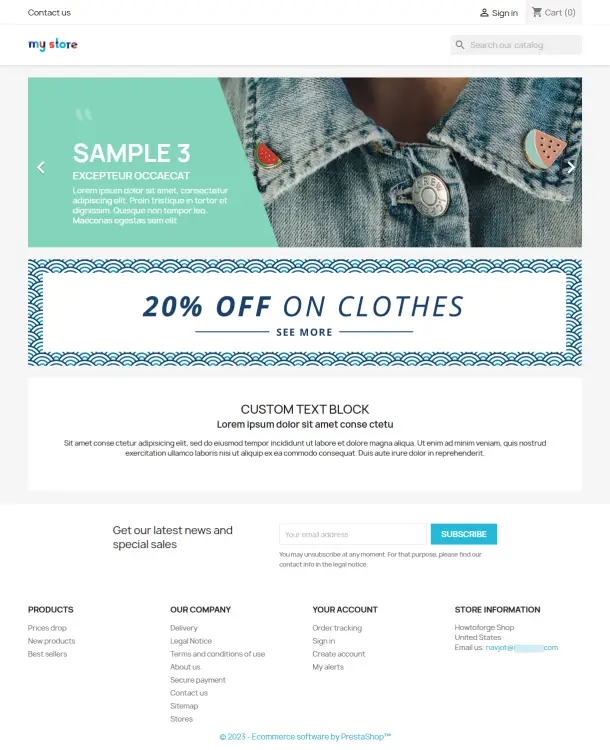 Page d'accueil de PrestaShop