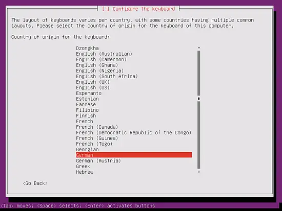 Seleziona il paese per la localizzazione della tastiera di Ubuntu.
