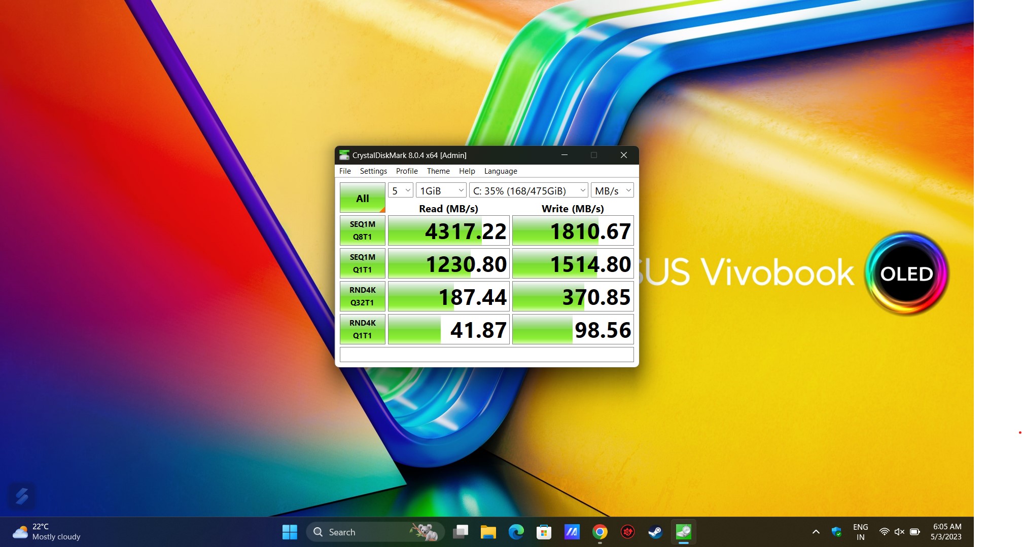 reseña asus vivobook s15 oled: crystal diskmark 8
