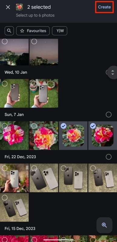 кнопка создания в приложении google photos для создания коллажа.