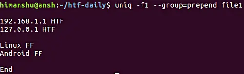 fazer uniq exibir todas as linhas, enquanto separa grupos repetitivos com linha em branco