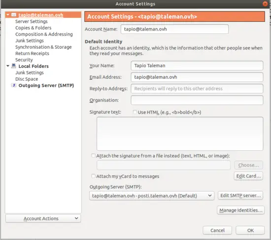 Configuración de cuenta de Thunderbird