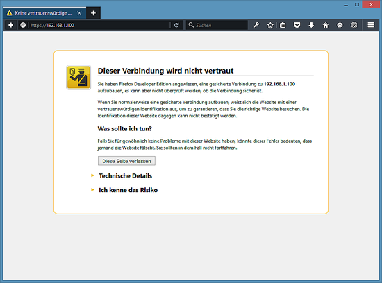 Nicht vertrauenswürdige SSL-Verbindungswarnung.