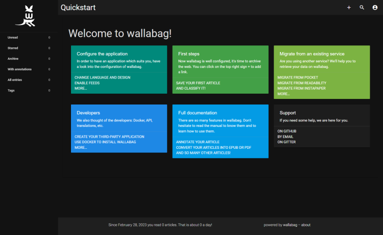 Панель управления Wallabag