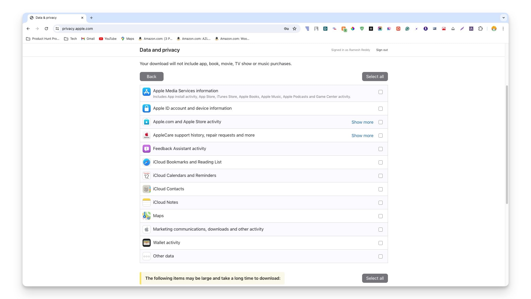 données de différents services apple