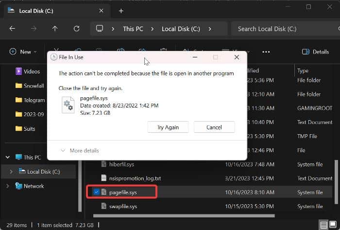 Não é possível deletar pagefil.sys no File Explorer
