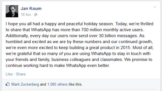 WhatsApp supera los 700 millones de usuarios, con un récord de 30 mil millones de mensajes enviados diariamente