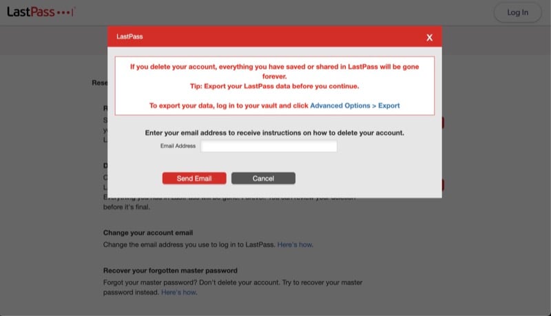 LastPass-Konto ohne Master-Passwort löschen