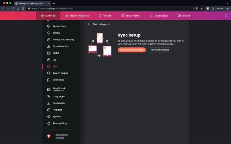 einrichten der sync-funktion im brave-browser.