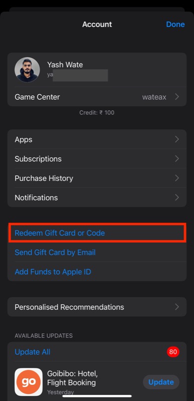 página da conta na apple store em um iphone.