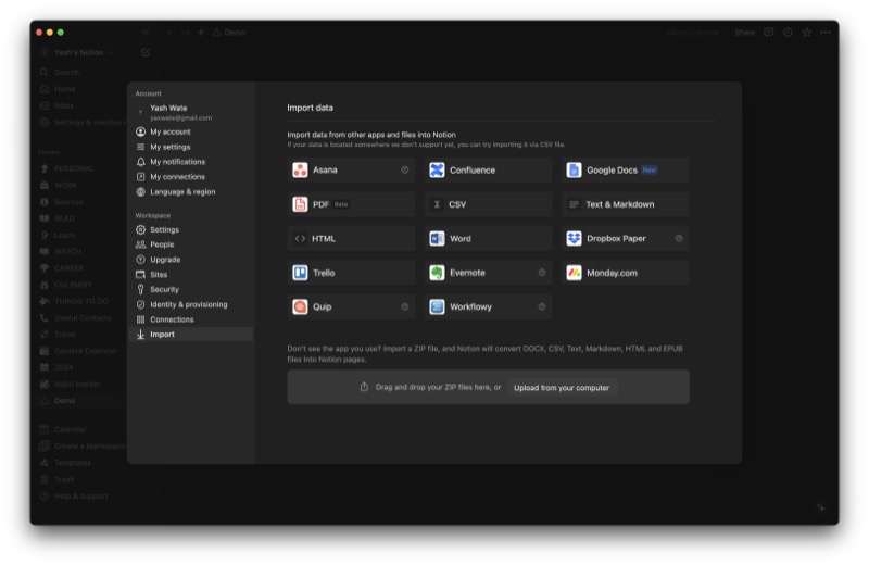 импорт данных из других приложений в notion на mac.