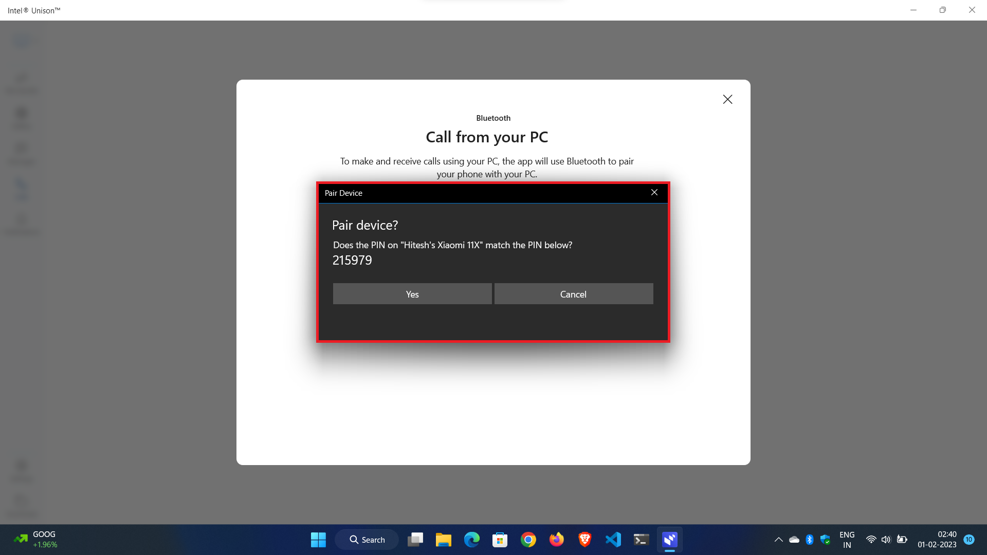 visión general de la aplicación intel unison, configuración y características - pantalla de código de emparejamiento bluetooth