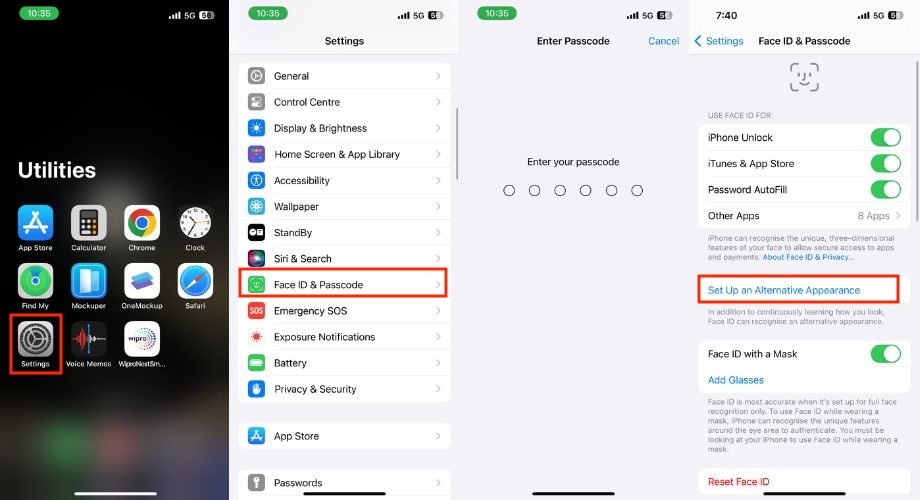Alternatives Erscheinungsbild für Face ID einrichten