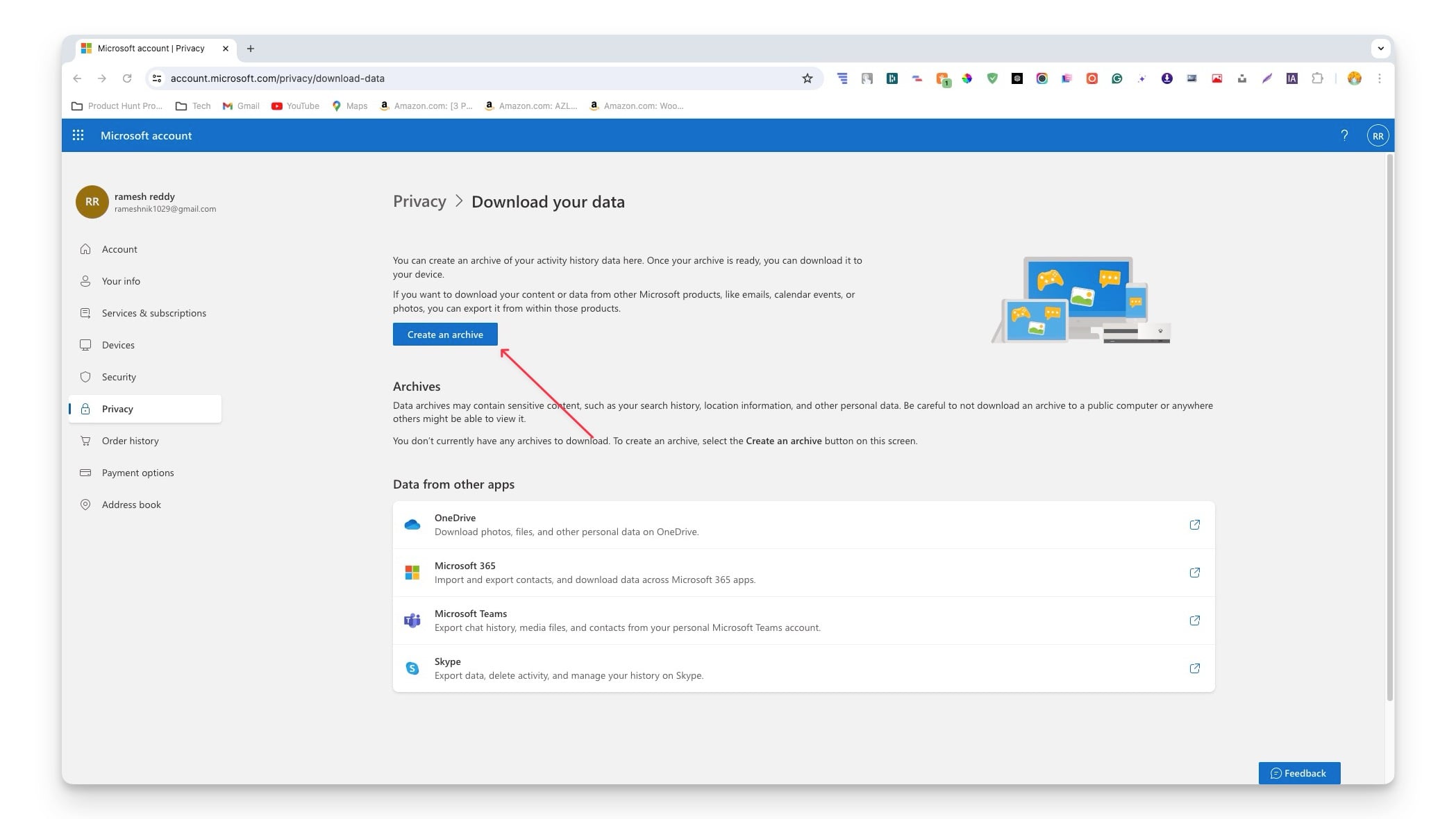 créer une archive de données microsoft
