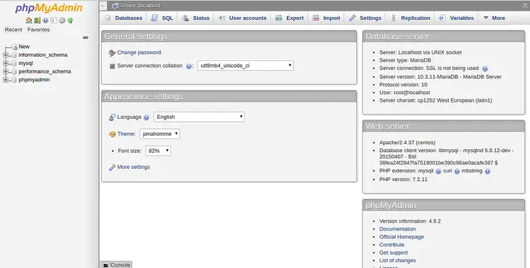 Tableau de bord de la base de données phpMyAdmin