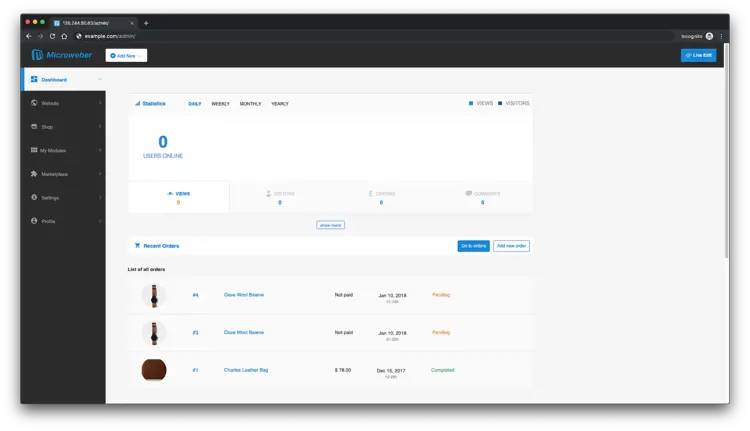 Dashboard di Microweber