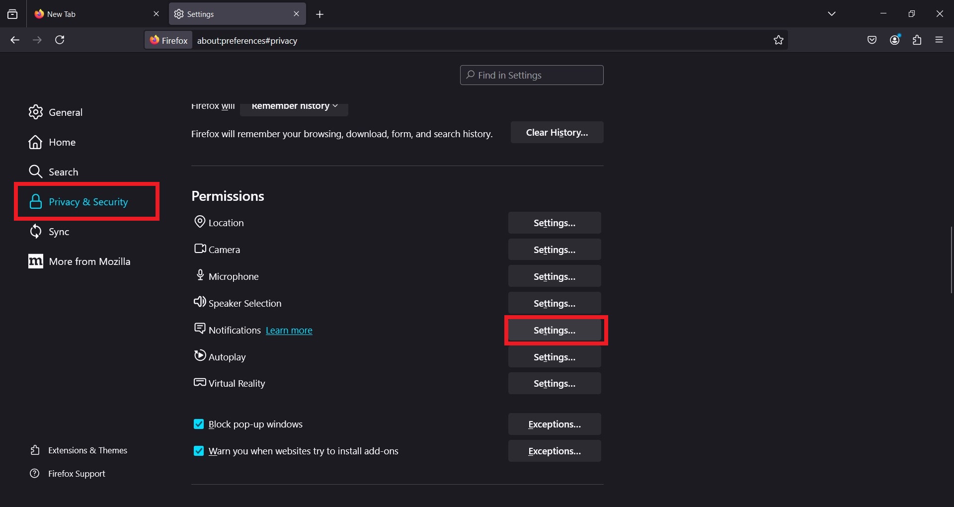 настройки уведомлений firefox