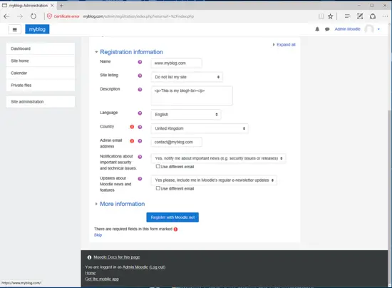 Tableau de bord admin de Moodle
