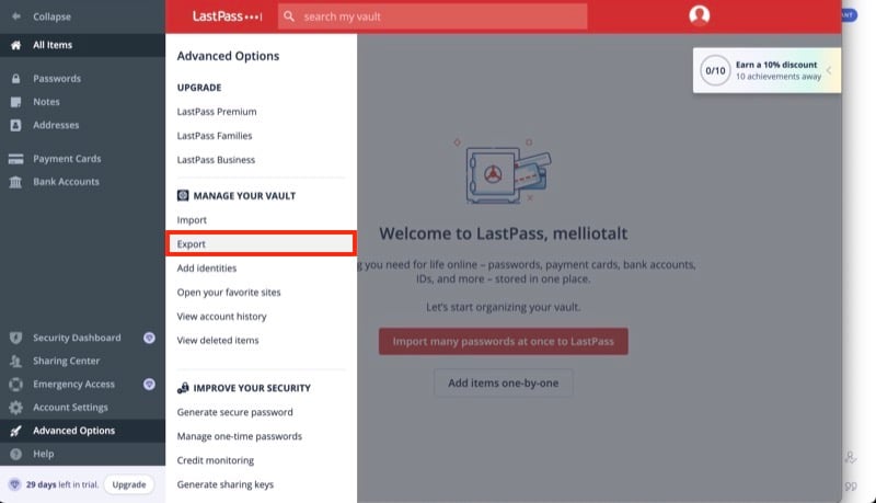 Vault-Exportoption in LastPass