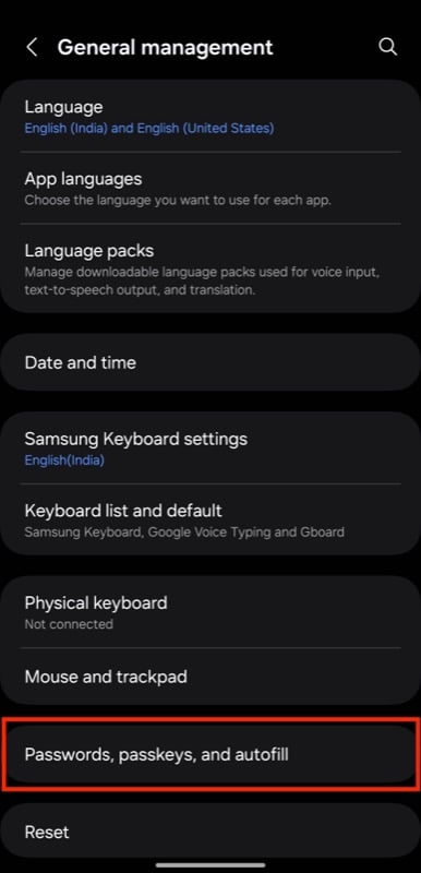 pagina di gestione generale nell'app impostazioni samsung.