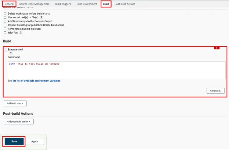 configuration de la construction exécuter un shell