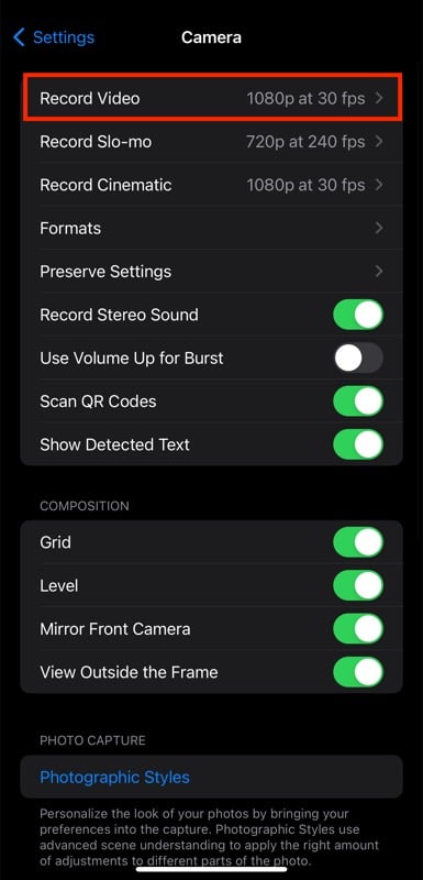 configuración de grabación de video en la cámara de iphone.