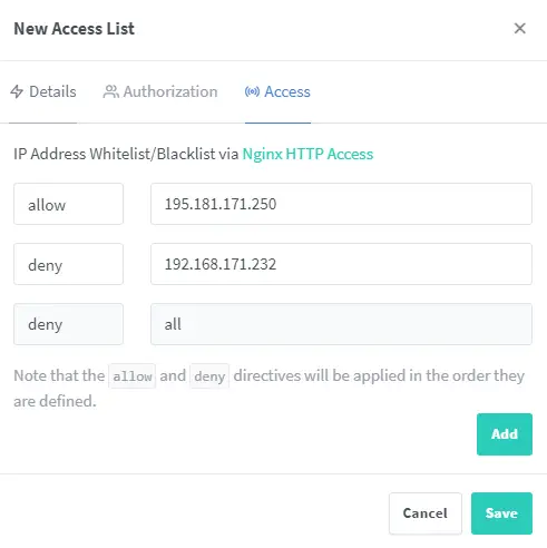 Aba de Acesso IP do Nginx Proxy Manager