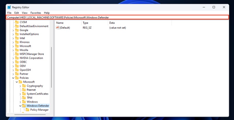 inserire un indirizzo chiave nel registro di windows.